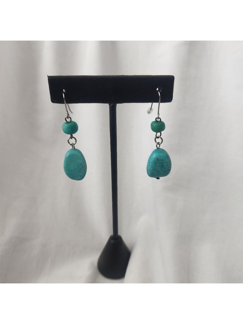 Stainless Silver with double Turquoise Dangle Earrings, Blue Gemstone